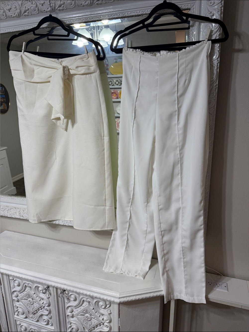 Cream Straight-Leg Trousers - Cream Back Slit Bow Tie Skirt